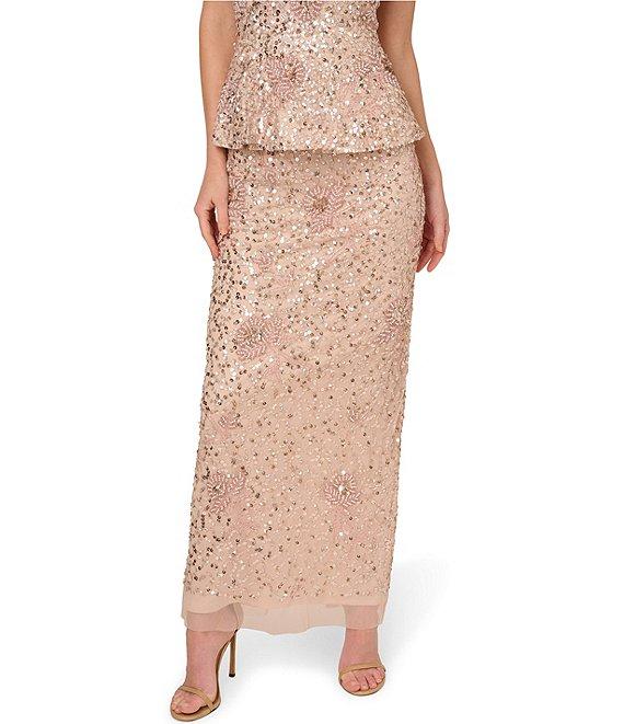 Adrianna Papell Beaded Mesh Boat Neck Sleeveless Peplum Gown Product Image