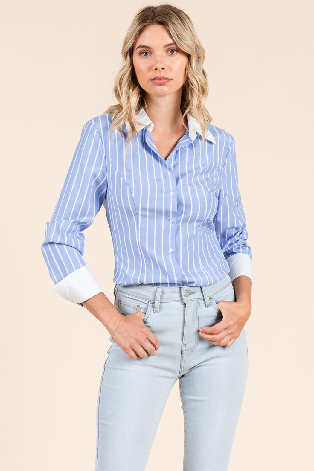 Stripe Button Down Blouse With Contrast Collar Product Image