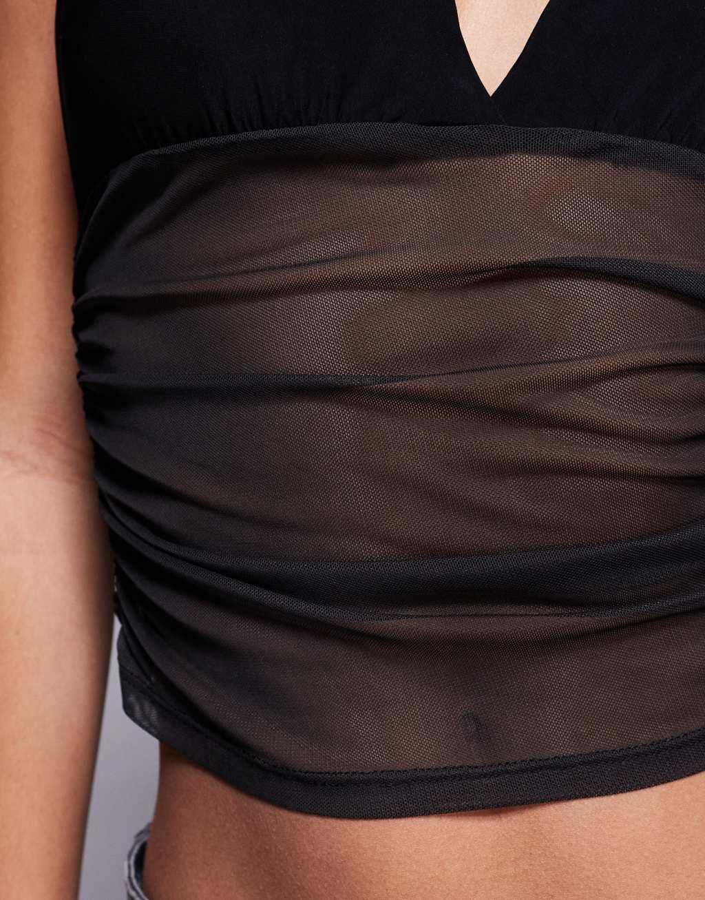 ASOS DESIGN slinky plunge halter top with ruched mesh in black Product Image