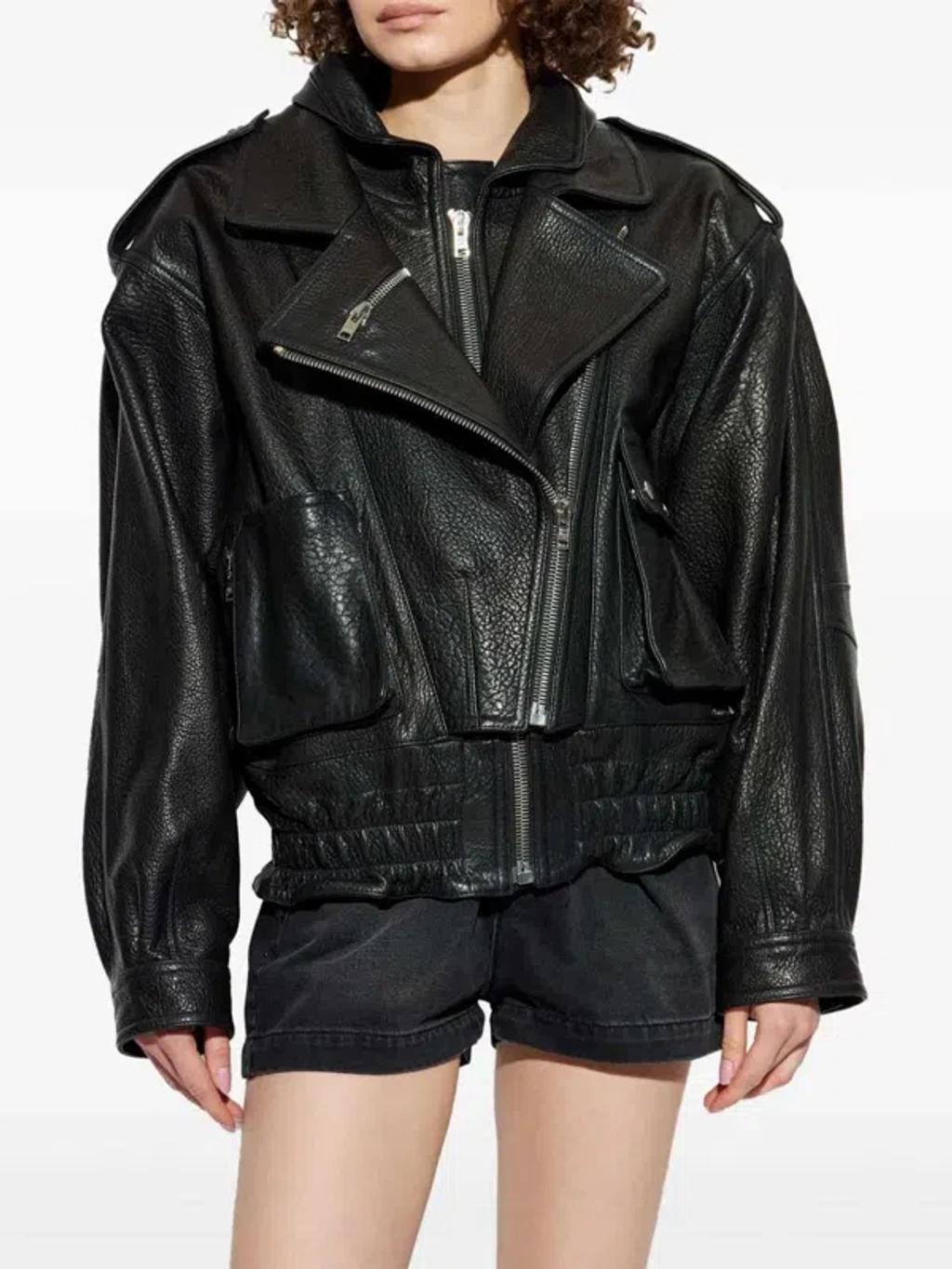 ISABEL MARANT Aneli Double-collar Leather Bomber Jacket In Black Product Image