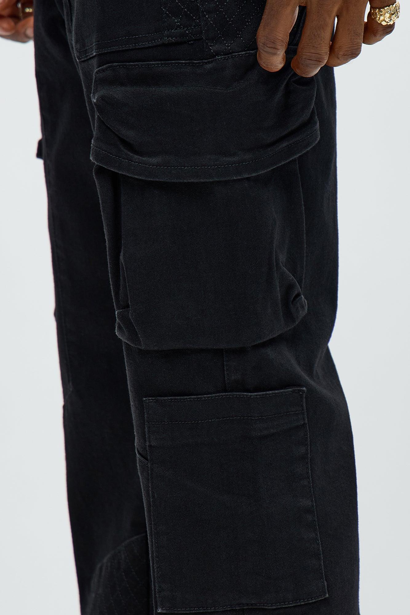 Stacked Slim Flare Rebel Stitch Cargo Jeans - Black Male Product Image