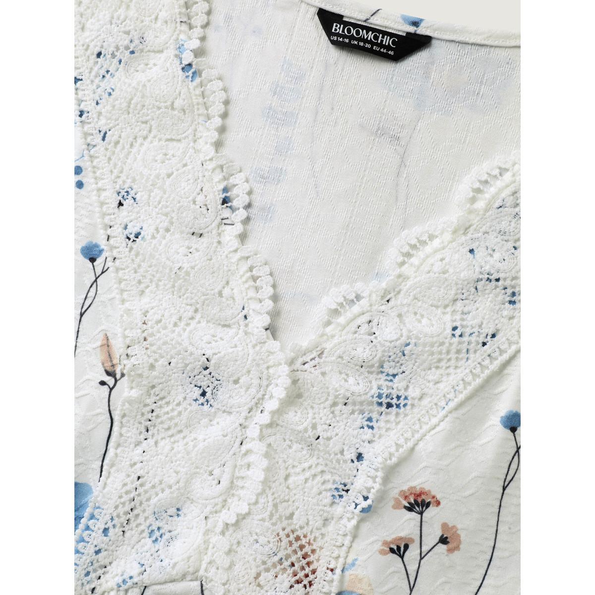 Plus Size Floral Lace-Trimmed Textured Babydoll Top Originalwhite Women Timeless V-neck Elegant T-shirts BloomChic 12/L Product Image