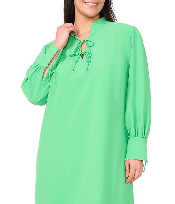 CeCe Plus Size Crepe V-Neck Cuffed Long Cuffed Sleeves Tie Shift Dress Product Image