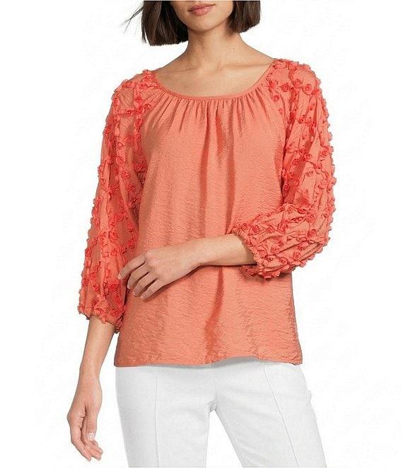 Multiples Crinkle Woven Scoop Neck 3/4 Sleeve Soutache Trim Peasant Top Product Image