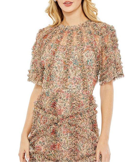 Mac Duggal Floral Print Ruffle Embellished Short Flutter Sleeve Crew Neck Midi Dress Product Image