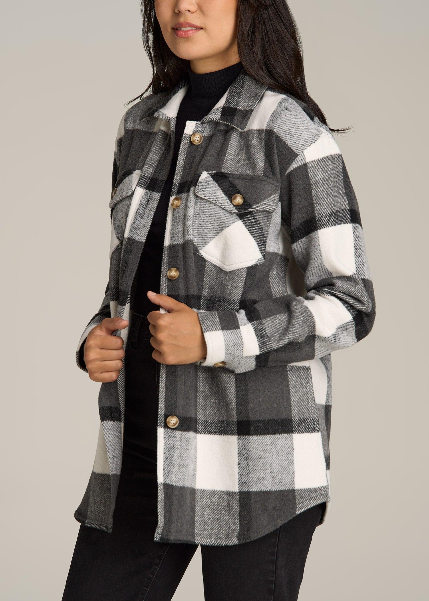 Flannel Shacket for Tall Women in Grey and Black Plaid Female Product Image