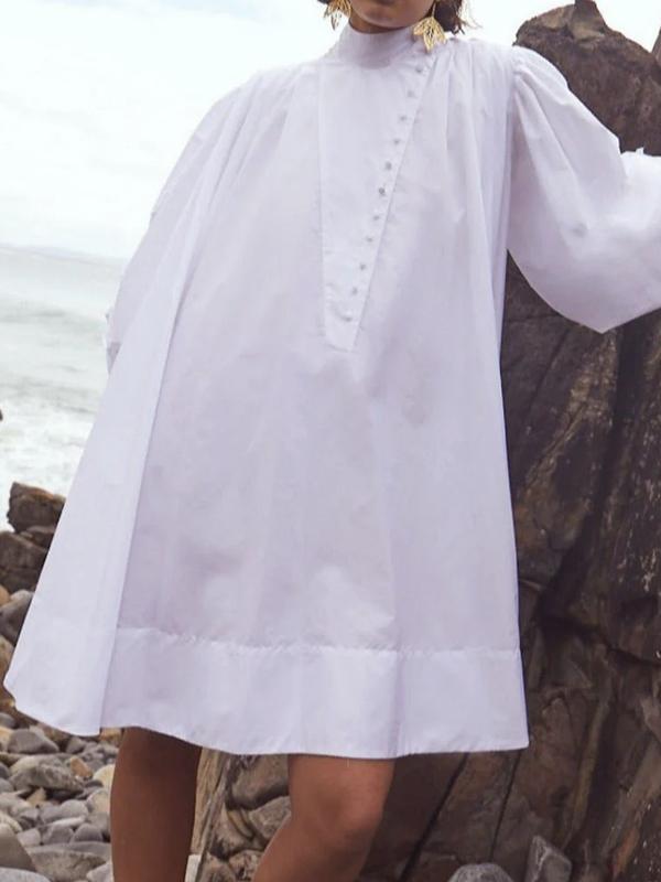 Long Sleeves Loose Buttoned Solid Color Stand Collar Mini Dresses Shirt Dress Product Image