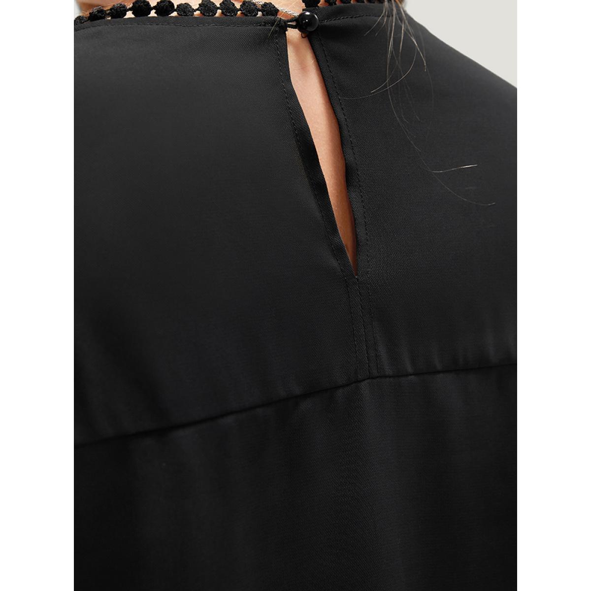 Plus Size Black Anti-Wrinkle Pompom Trim Guipure Lace Keyhole Blouse Women Office Long Sleeve Round Neck Dailywear Blouses BloomChic 18-20/2X Product Image