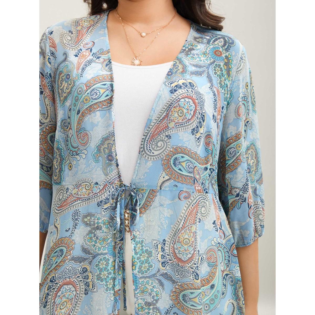 Plus Size Paisley Print Sheer Tied Kimono Cardigan Women LightBlue Boho Tie knot Vacation Kimonos BloomChic 28/5X Product Image