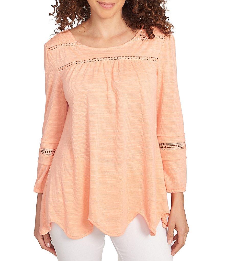 Ruby Rd. Knit Scoop Neck 3/4 Bishop Sleeve Lace Trim Scallop Hem Top Product Image