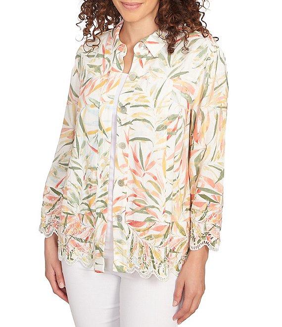 Ruby Rd. Petite Size Coordinating Tropical Fern Print 3/4 Sleeve Lace Embroidered Scallop Edge Button Front Shirt Product Image