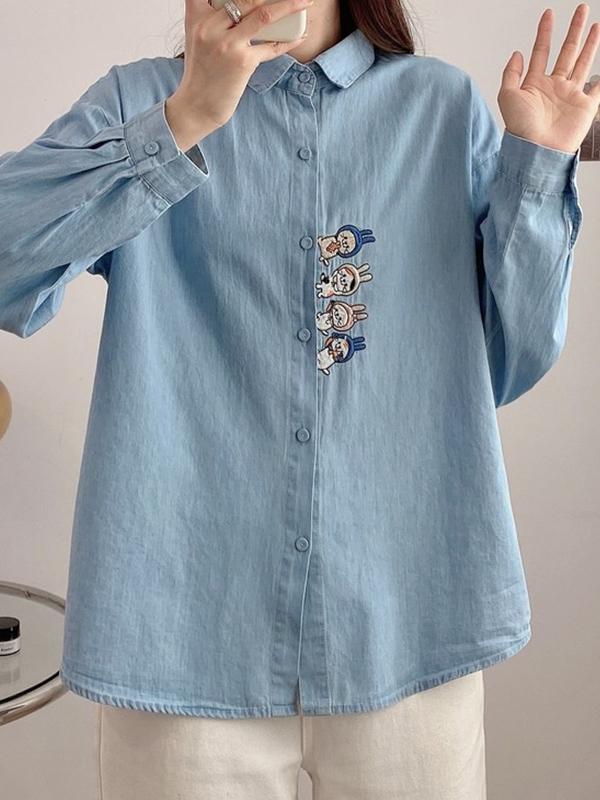 Cartoon Embroidery Denim Blouses&Shirts Product Image
