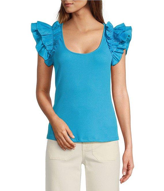 Sugarlips Scooped Neck Ruffle Shoulder Cap Sleeve Ribbed Mixed Media Top Product Image