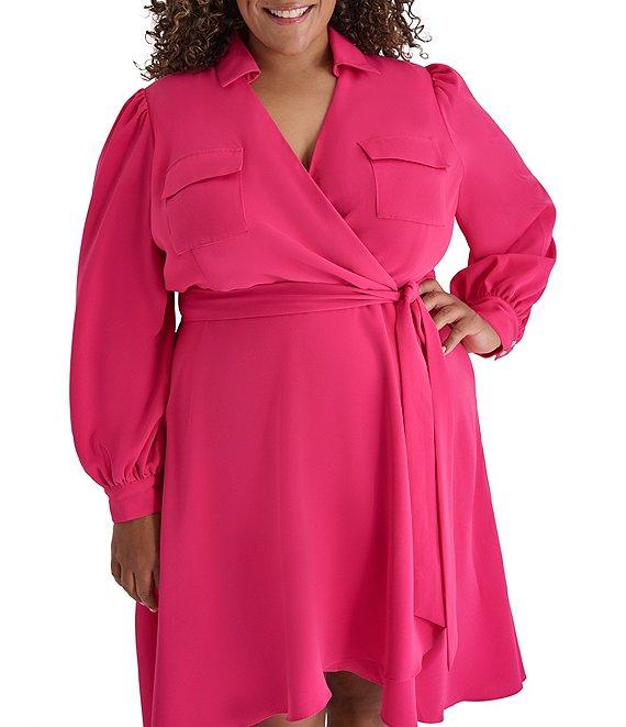 DKNY by Donna Karan Plus Size Collared V-Neck Long Sleeve Tie Waist Shirtdress Product Image