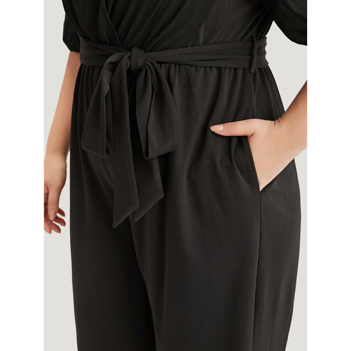 Plus Size Black Plain Square Neck Pocket Belted Zipper Jumpsuit Women Elegant Short sleeve Square Neck Dailywear Loose Jumpsuits BloomChic 10/M Product Image