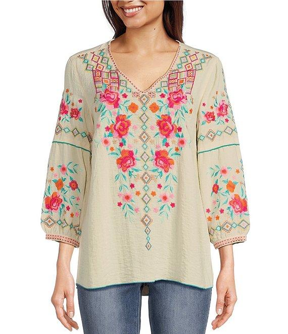 John Mark Floral Embroidered V-Neck 3/4 Cuffed Sleeve Woven Peasant Top Product Image