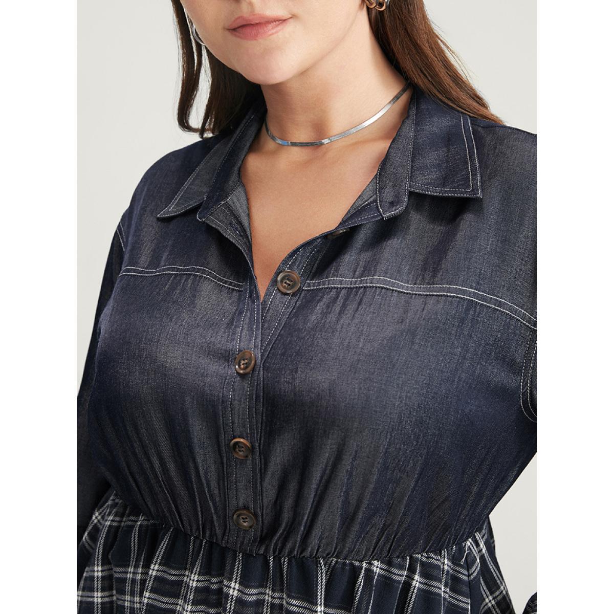 Plus Size Gingham Patchwork Button Pocket Shirt Collar Dress Without Belt Navy Women Office Patchwork Shirt collar Long Sleeve Curvy Midi Dress BloomChic 18-20/2X Product Image