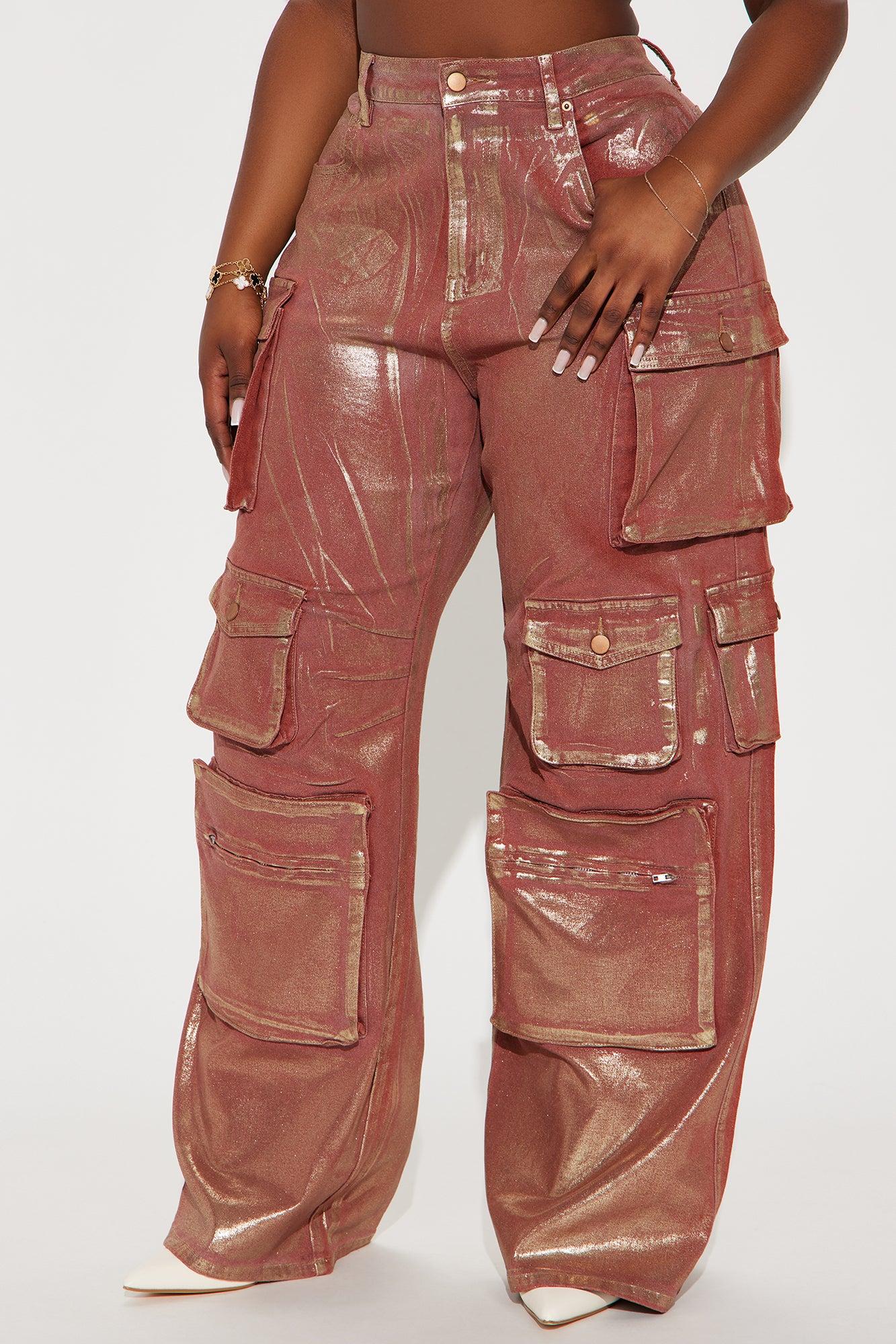 Time To Shine Foil Baggy Cargo Jeans - Burgundy Product Image