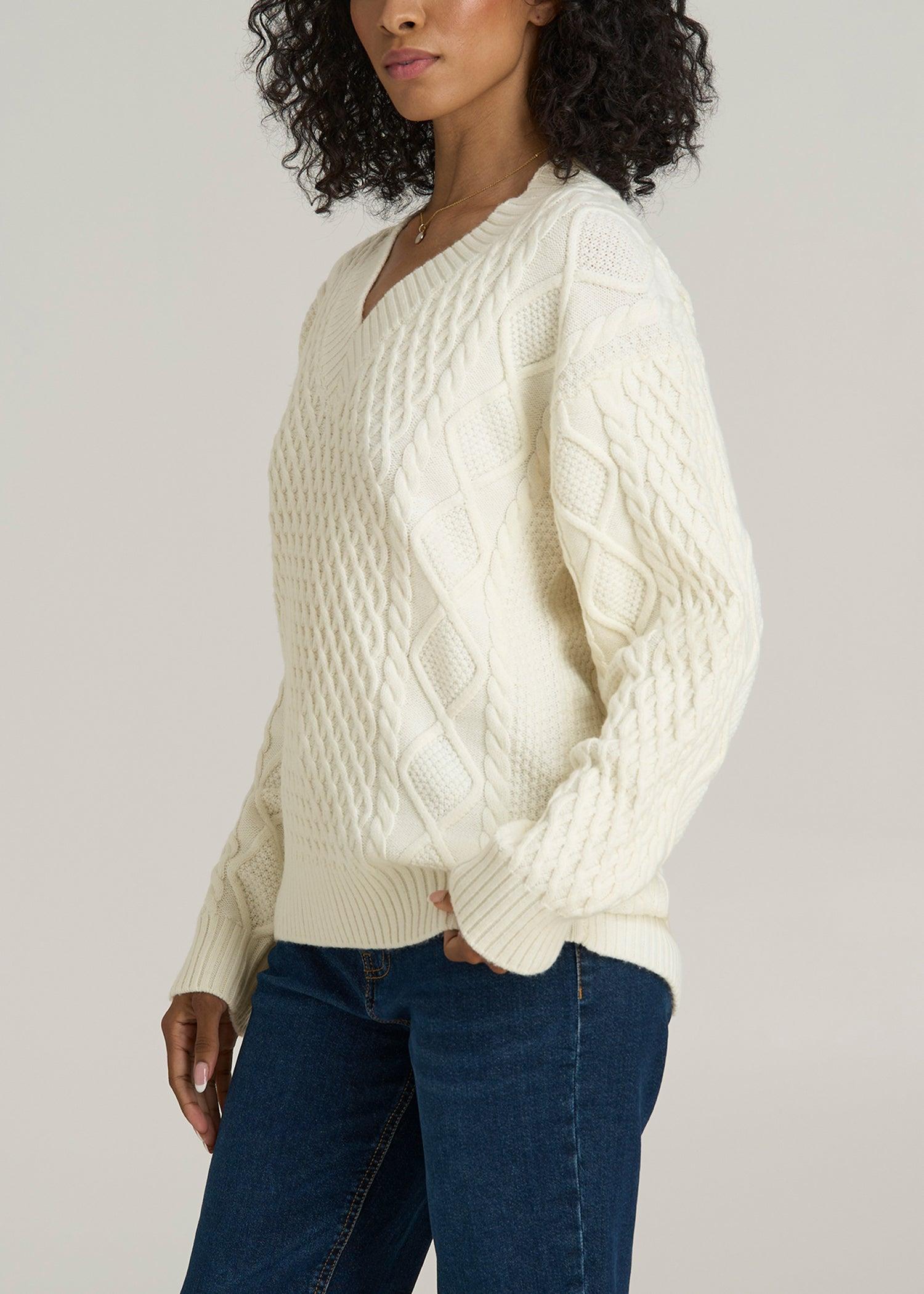 V Neck Cashmere Blend Cable Knit Women's Tall Sweater in Winter White Product Image
