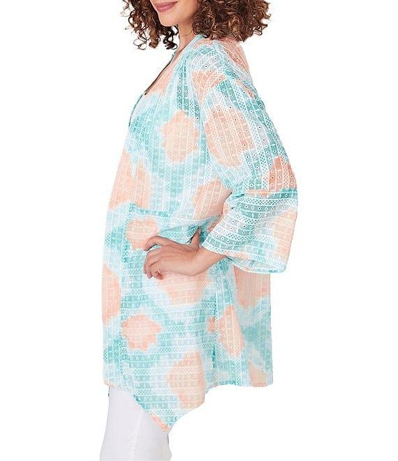Ruby Rd. Car Diamond Sheer Knit Printed 3/4 Sleeve Patch Pocket Open-Front Cardigan Product Image