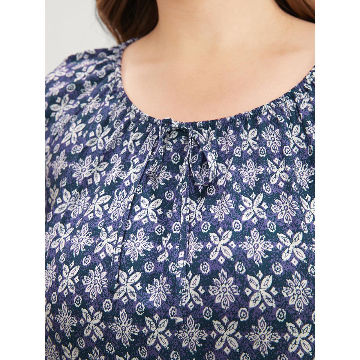 Plus Size Eggplant Floral Print Bell Sleeve Knotted Round Neck Blouse Women Vacation Elbow-length sleeve Round Neck Dailywear Blouses BloomChic 28/5X Product Image