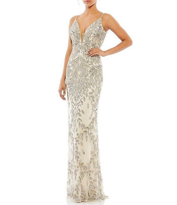 Mac Duggal Sequin V-Neck Floral Leaves Spaghetti Strap Scoop Back Detail Gown Product Image