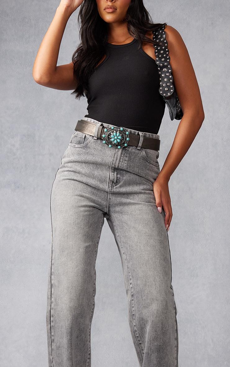Tall Washed Grey High Rise Split Hem Detail Jeans Product Image