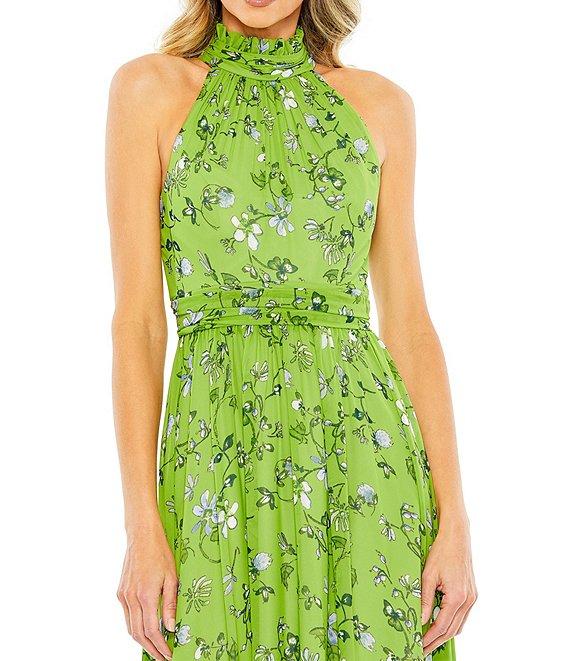 Mac Duggal Floral Print Pleated Halter Neck Sleeveless A-Line Dress Product Image