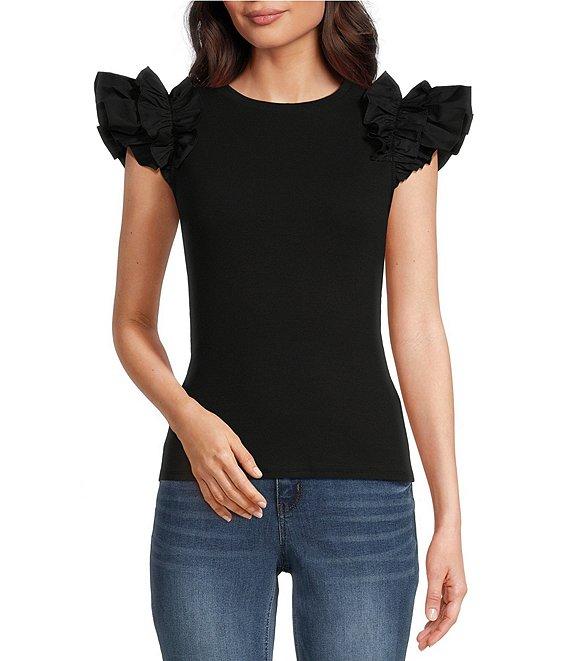 Gibson & Latimer Ribbed Knit Crew Neck Contrasting Poplin Ruffled Short Sleeve Top Product Image