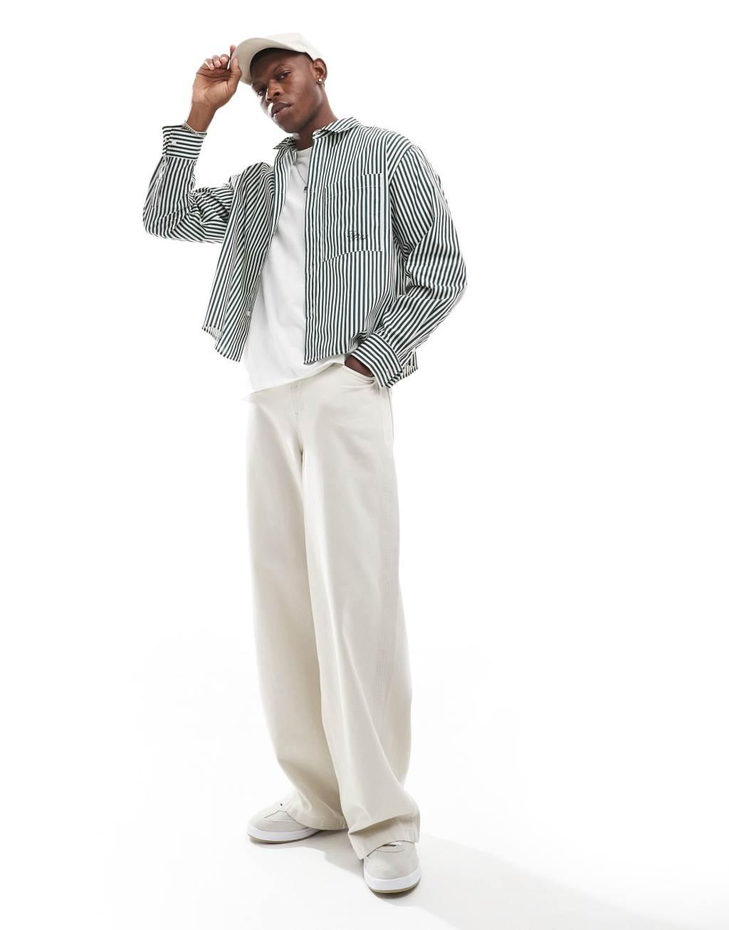 ASOS DESIGN oversized boxy shirt with embroidery in green stripe Product Image