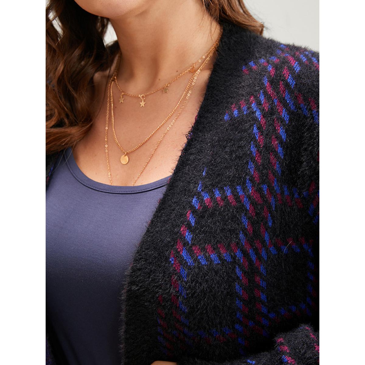 Plus Size Plaid Contrast Soft Sexy Yarn Knit Fluffy Open Front Cardigan BlackFlower Women Casual Loose Long Sleeve Everyday Cardigans BloomChic 10/M Product Image
