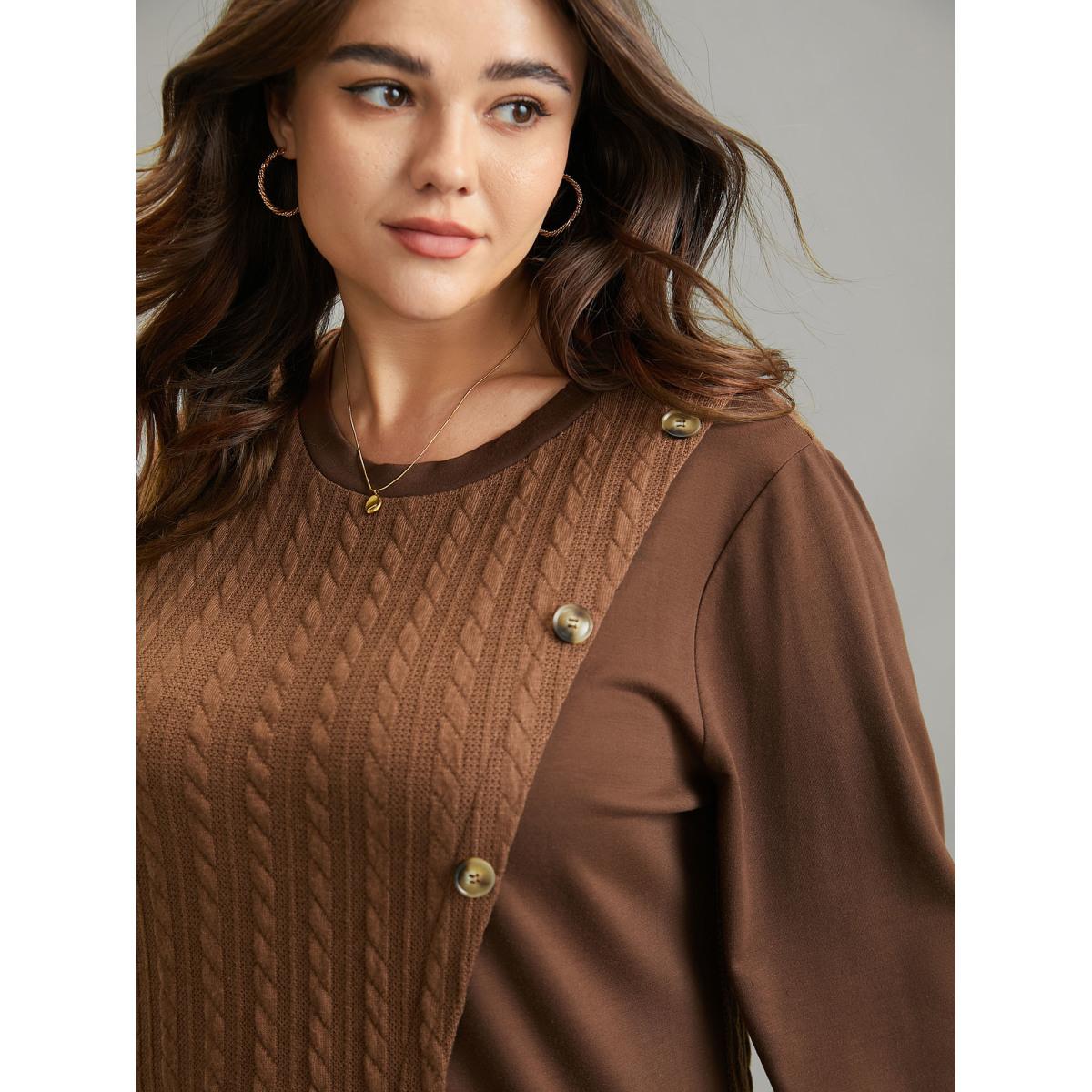 Plus Size Plain Textured Patchwork Button Detail Sweatshirt Women DarkBrown Casual Texture Round Neck Dailywear Sweatshirts BloomChic 18-20/2X Product Image