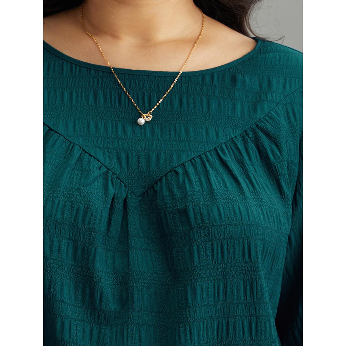 Plus Size Cyan Plain Textured Shirred Gathered Blouse Women Elegant Long Sleeve Round Neck Dailywear Blouses BloomChic 18-20/2X Product Image