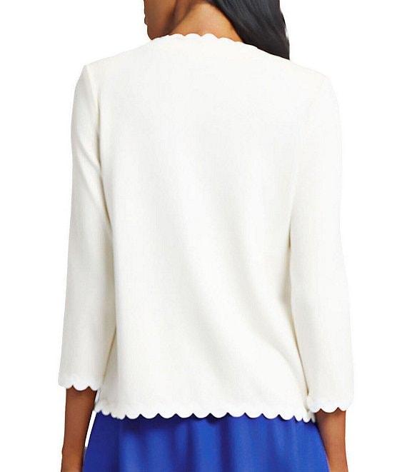 Ming Wang Floral Applique Soft Knit Scallop Round Neck 3/4 Sleeve Cardigan Product Image