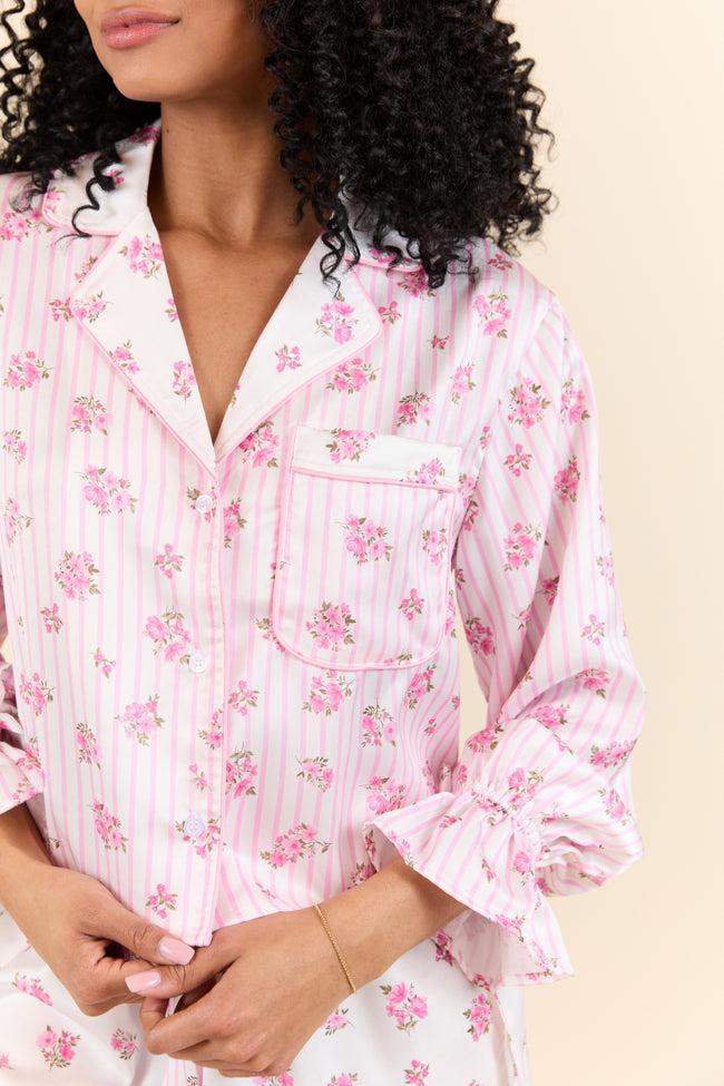 Sleep On My Side Pink Floral Satin Long Sleeve Pajama Top FINAL SALE Girls Product Image