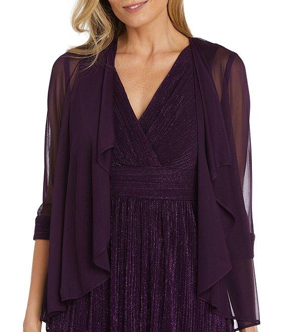 R & M Richards Flyaway Glitter Pleated 3/4 Sleeve V-Neck 2-Piece Jacket Dress Product Image