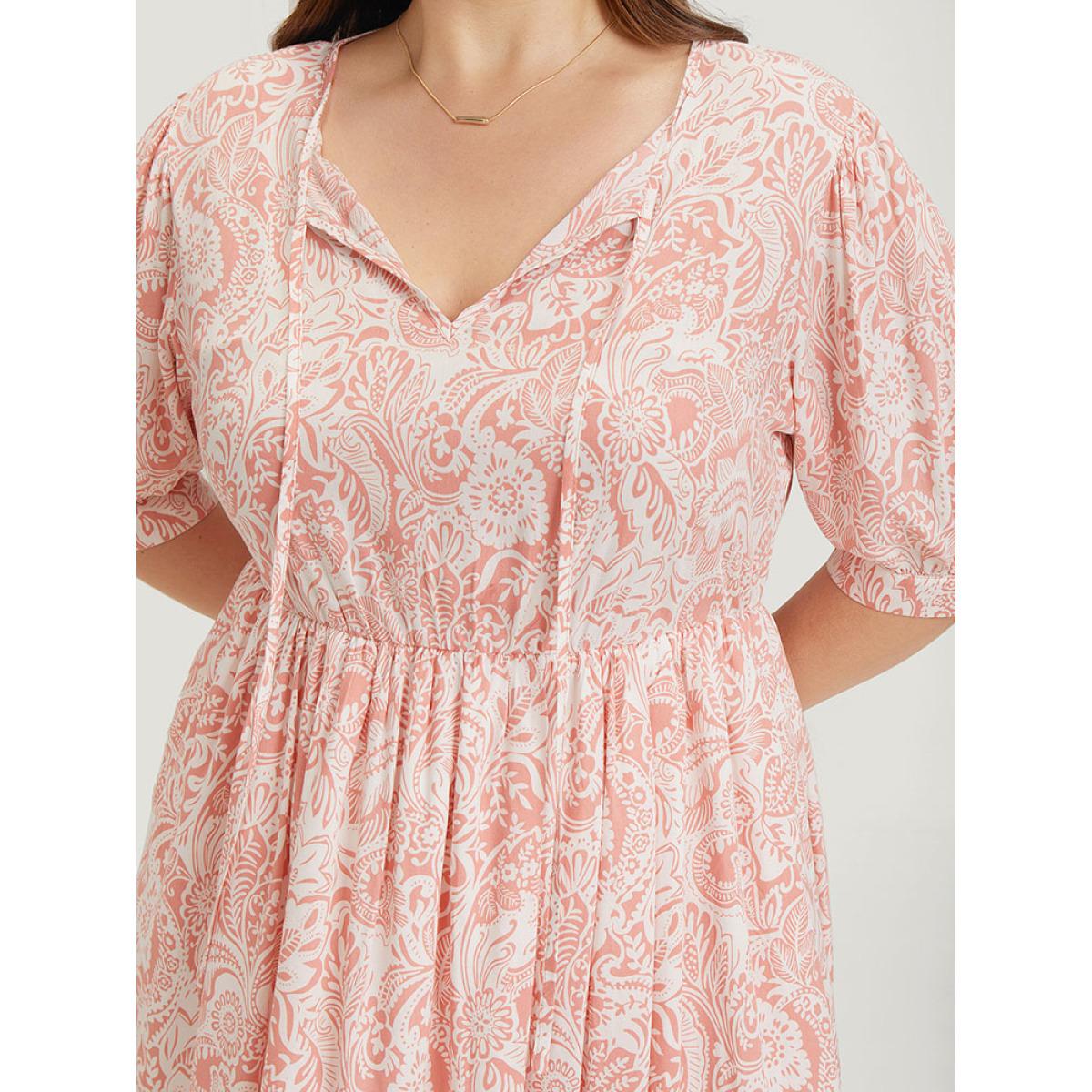 Plus Size Floral Puff Sleeve Pocket Flutter Keyhole Knot Neck Dress Coral Women Vacation Ruffles Tie Neck Short sleeve Curvy Knee Dress BloomChic 14-16/1X Product Image