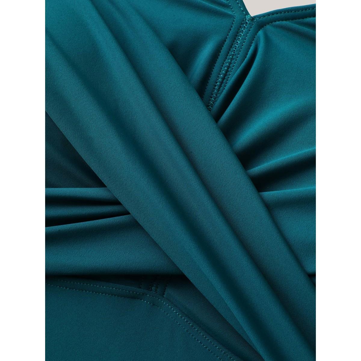 Plus Size Anti-Float Tie Twist Solid Swim Dress Women's Swimwear Teal Beach Bodycon V-neck High stretch Curve Swim Dresses BloomChic 14-16/1X Product Image