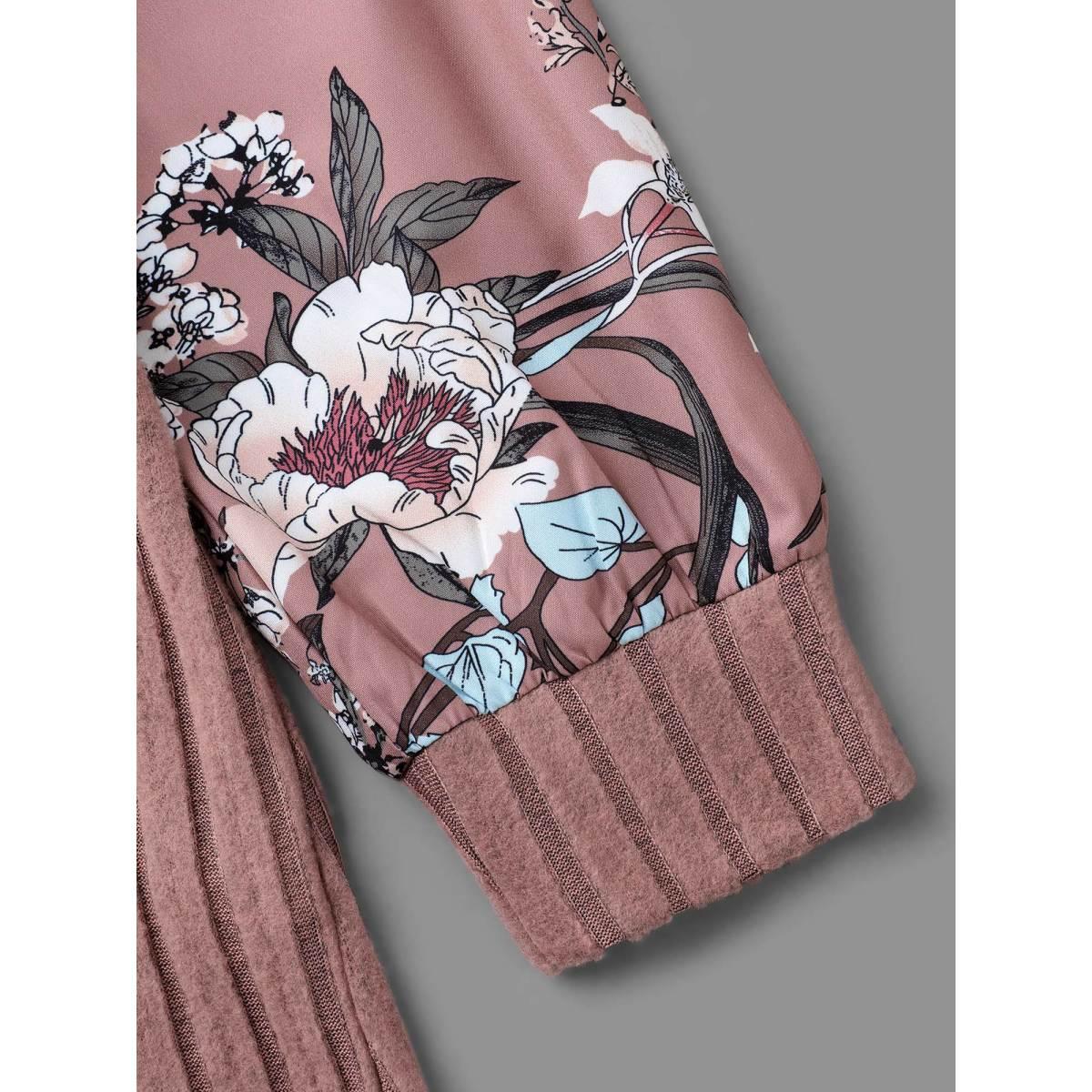 Plus Size V Neck Floral Patchwork Pit Strip T-shirt DustyPink Women Casual Texture Natural Flowers V-neck Loose Everyday T-shirts BloomChic 18-20/2X Product Image