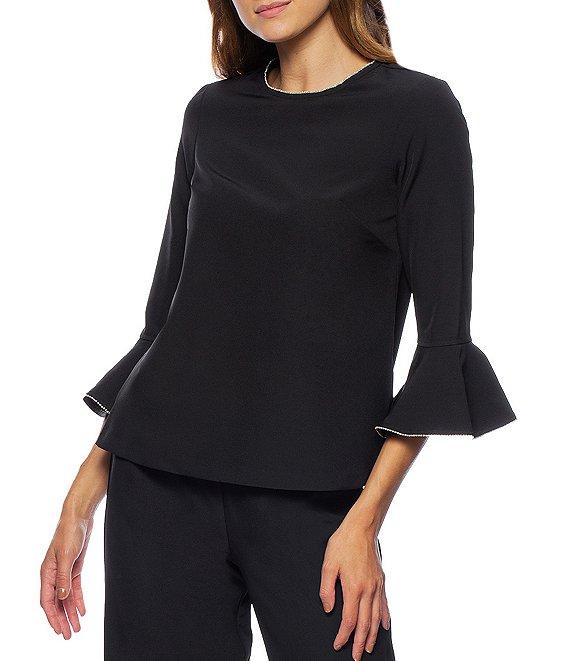 Marina Crew Neck 3/4 Bell Sleeve Rhinestone Trim 2-Piece Pant Set Product Image