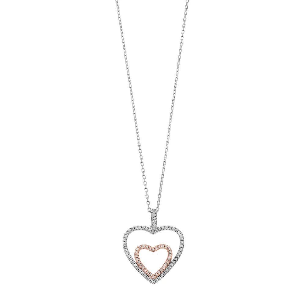 Two Tone Sterling Silver Cubic Zirconia Double Heart Pendant Necklace, Women's, Size: 18" Product Image