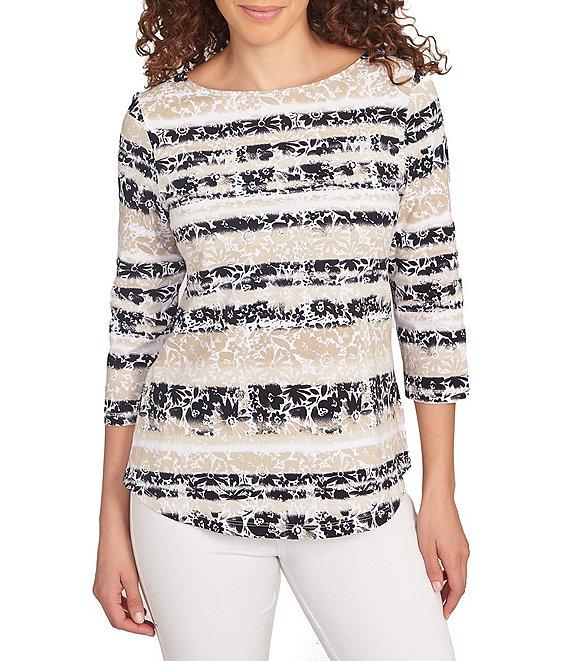 Ruby Rd. Soft Jersey Knit Mixed Floral Watercolor Stripe Boat Neck 3/4 Sleeve Top Product Image