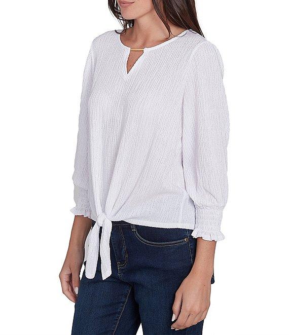 Ruby Rd. Knit Crinkle Keyhole Neck Bar 3/4 Sleeve Tie-Front Top Product Image