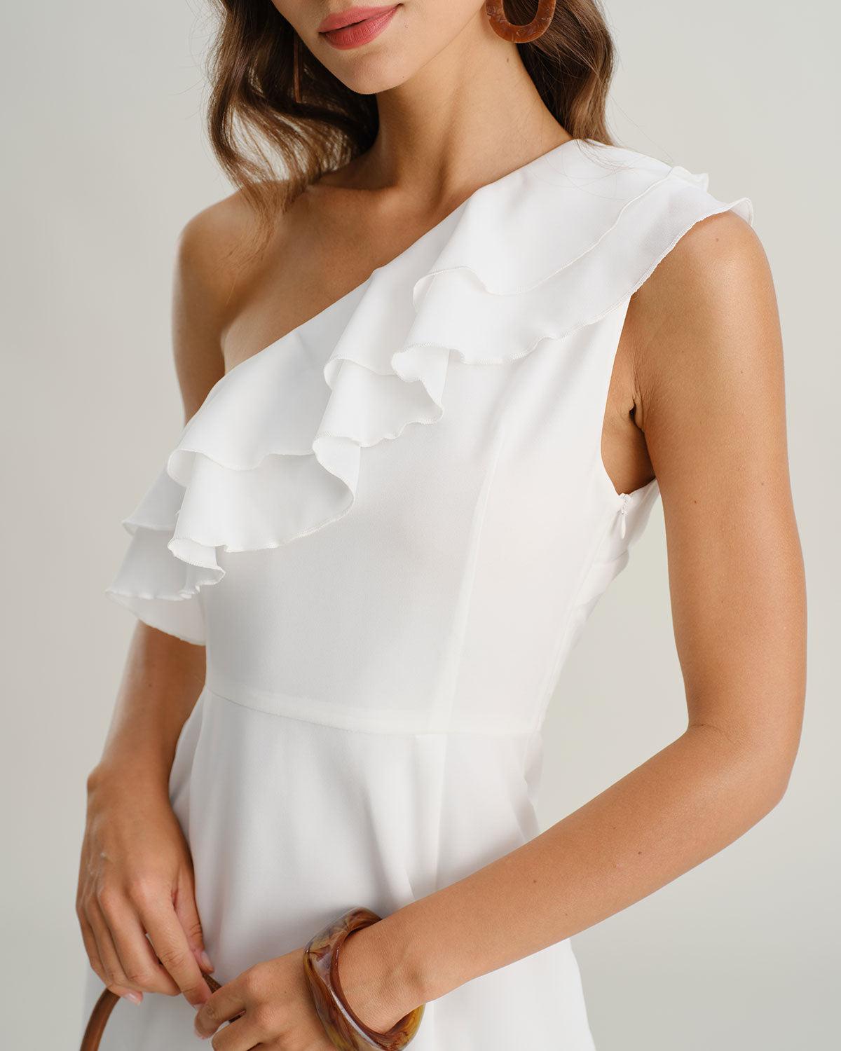 White Ruffle One Shoulder Mini Dress Product Image