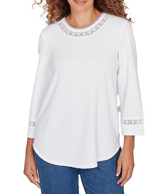 Ruby Rd. Petite Size Soft Textured Knit Crew Neck 3/4 Sleeve Lace Trim Top Product Image