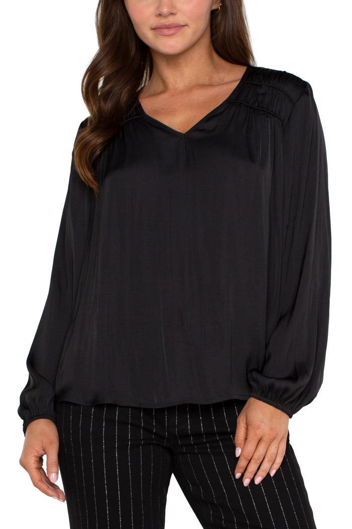 Long Sleeve V Neck Woven Blouse With Shirring Product Image