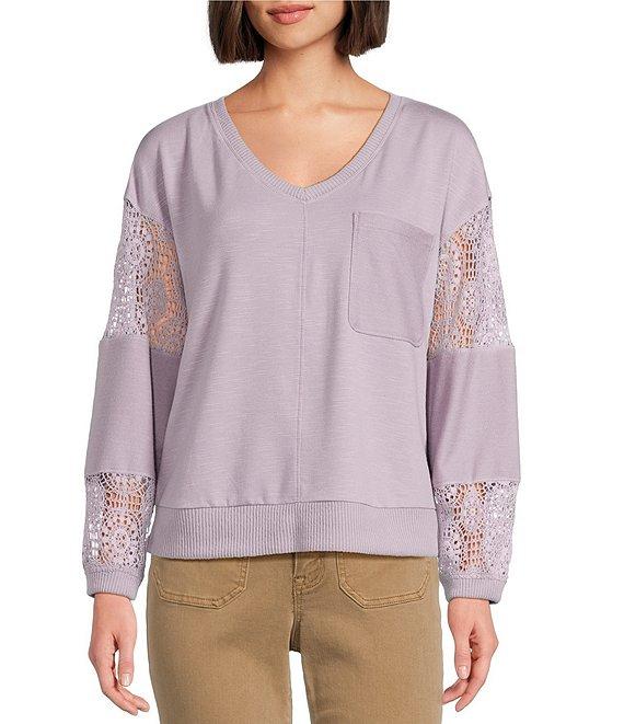 Nurture Petite French Terry Lace & Rib V-Neck Drop Shoulder Front Pocket Knit Pullover Product Image