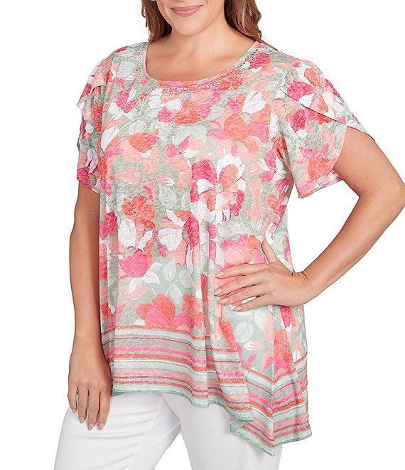 Ruby Rd. Plus Size Jersey Knit Floral Stripe Border Print Round Neck Short Sleeve Sharkbite Hem Top Product Image