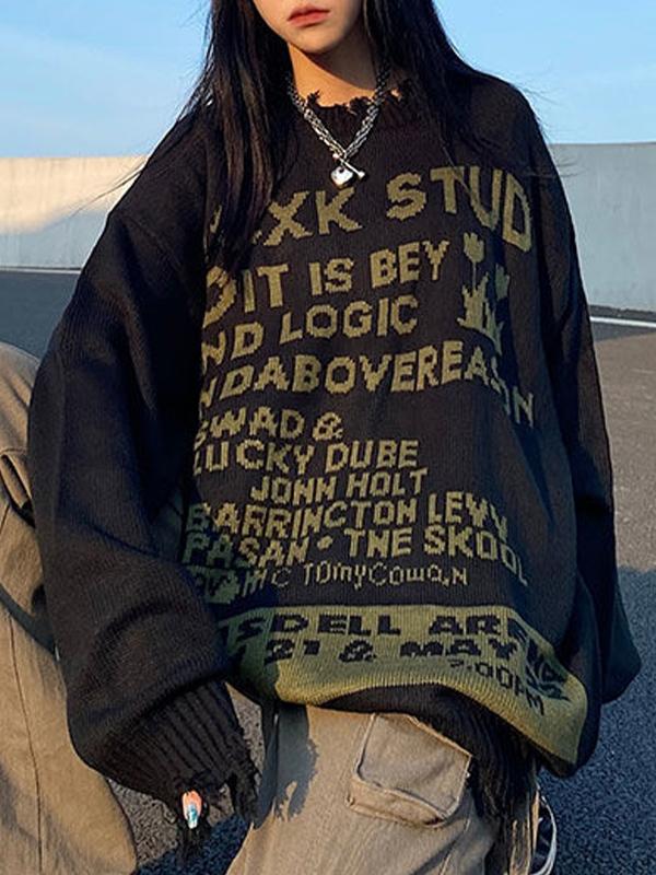 Letter Print Tattered Design Oversized Sweater Product Image