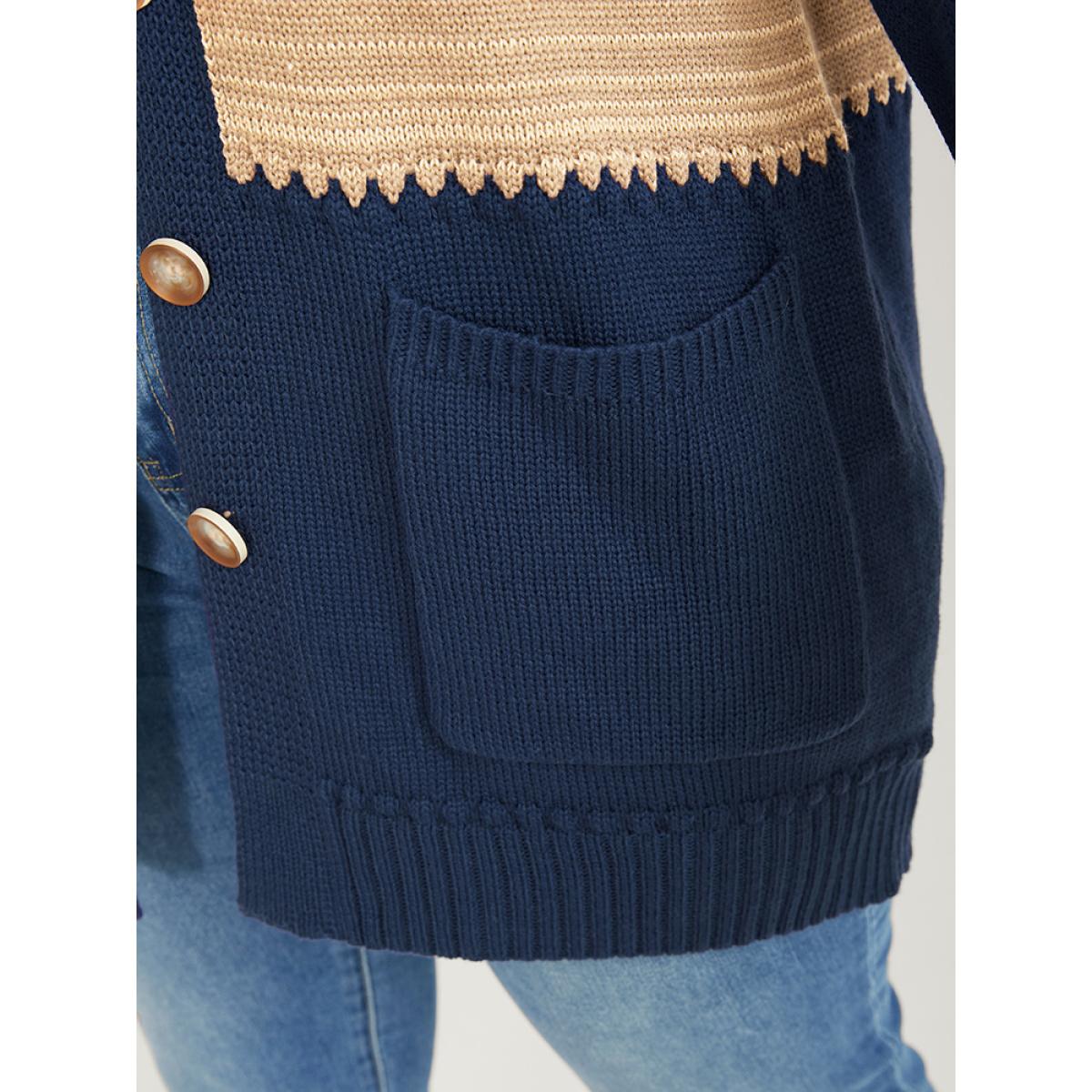 Plus Size Colorblock Contrast Pointelle Knit Pocket Jacquard Button Front Cardigan Multicolor Women Casual Loose Long Sleeve Dailywear Cardigans BloomChic 12/L Product Image